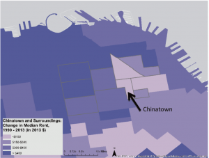 Figure 4: Changes in median rental prices across San Francisco. Credit: UC Berkeley Displacement Project (2016). San Francisco’s Chinatown Policy Brief