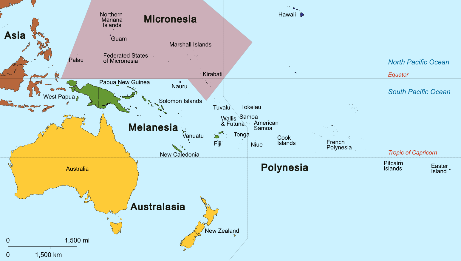 Oceania UN Geoscheme - Map of Micronesia, Melanesia, and Polynesia.