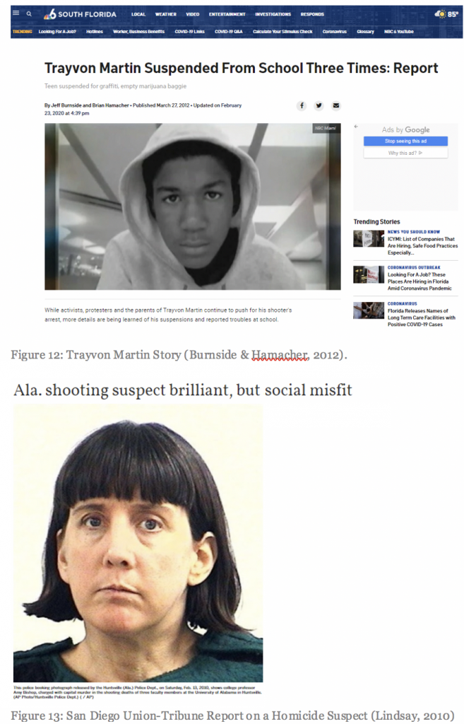 Figure 12: Trayvon Martin story (Burnside & Hamacher, 2012); Figure 13: San Diego Union-Tribune report on a homicide suspect (Lindsay, 2010)