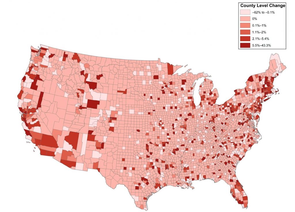 Figure 1. County-level Change in child psychiatrists per 100,000 children (2007-2016) Reprinted from “Growth and Distribution of Child Psychiatrists in the United States” by AMcBain RK, Kofner A, Stein BD, Cantor JH, Vogt WB, Yu H. 2007-2016. Pediatrics.