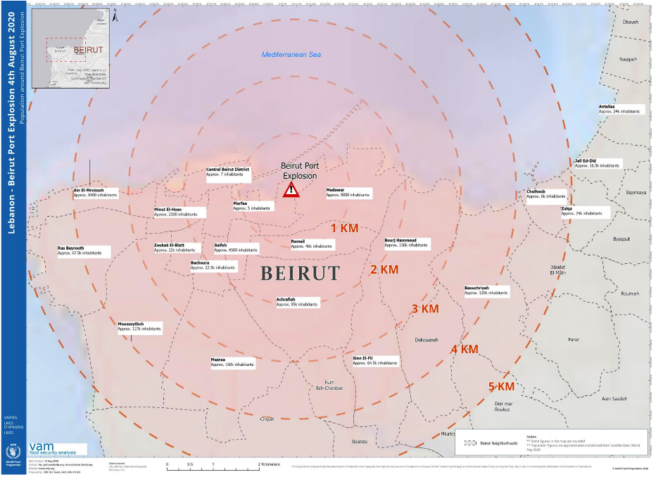 Annex 5: Lebanon population density and explosion proximity map