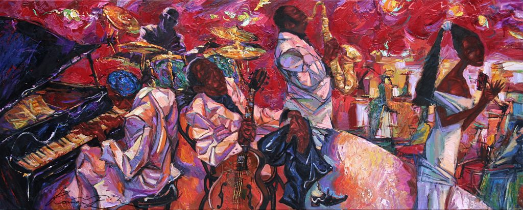 Singer,,Jazz,Club,,Saxophonist,,Jazz,Band,,Oil,Painting,,Artist,Roman