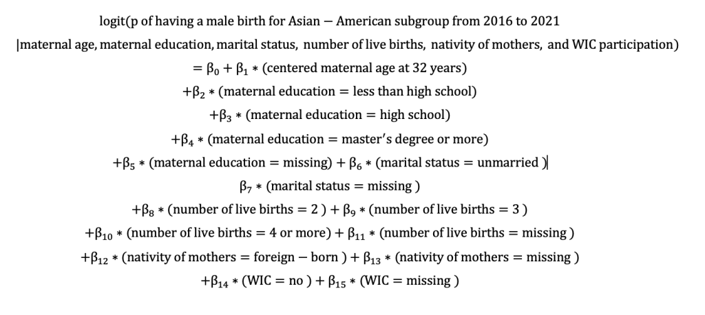 logit(p of having a male birth for Asian-American subgroup from 2016 to 2021